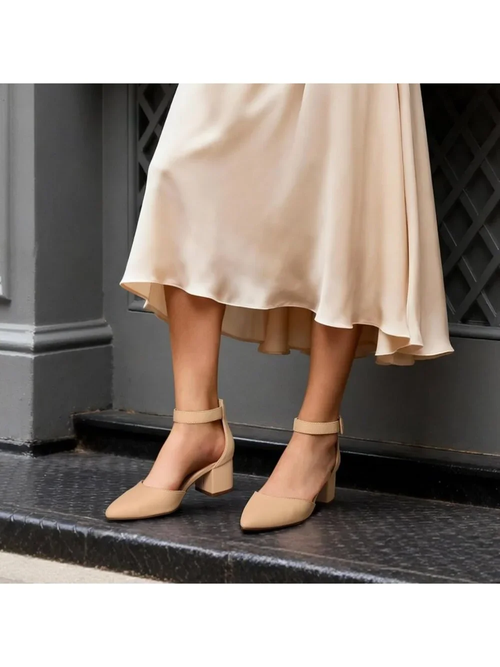 Women's Nude Nubuck ANNEE Closed Toe Chunky Block Heels Ankle Strap Pumps Shoes